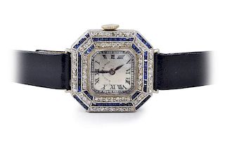Black Starr & Frost Art Deco Platinum Diamond Sapphire Watch