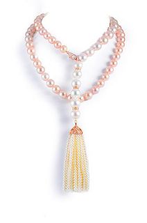 Long Pink and White Pearl Tassel Necklace