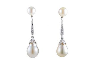 Pearl and Diamond Platinum Drop Earrings