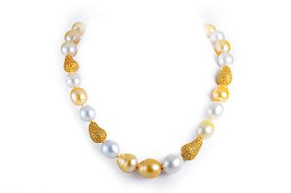 White Gold Pearl and Yellow Sapphire Necklace