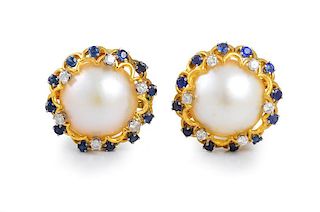 Mabe Pearl, Sapphire, and Diamond Earrings