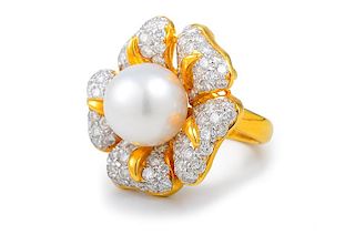 Large Pearl Diamond Flower Ring in 18K