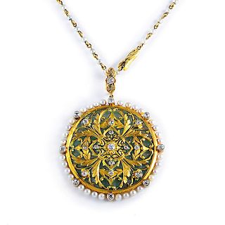 Plique-a-Jour Pearl Diamond Pendant Necklace