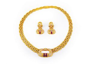 18K Diamond Ruby Necklace Earrings Set