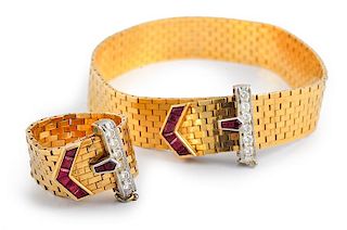 Retro Diamond Ruby Belt Buckle Ring Bracelet Set