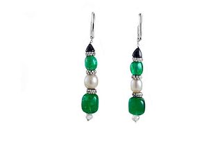 Platinum Natural Pearl Emerald Diamond Earrings