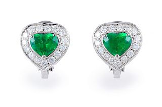 Platinum Diamond Emerald Heart Shape Ear Clips
