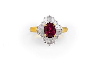 Pigeon Blood Ruby and Diamond Cluster Ring