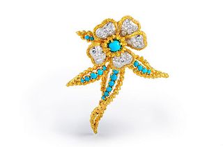 Cartier Diamond and Turquoise Flower Brooch