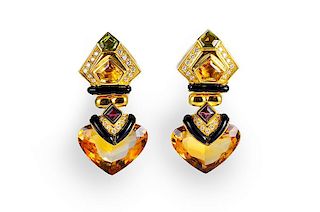 Gold Citrine, Peridot, and Amethyst Earrings