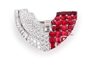 Verdura Art Deco Ruby Diamond Clip
