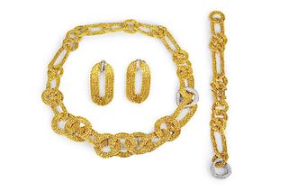 Orlandini Diamond Textured Gold Necklace Bracelet Earrings Set