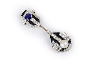 French Art Deco Jabot with Pearl, Diamond, Sapphire and Enamel