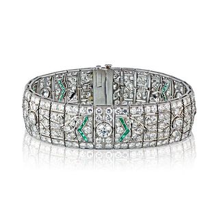 Art Deco Platinum 1920'S Diamond and Emerald Bracelet 