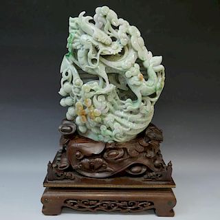 MAGNIFICENT CHINESE CARVED DRAGON JADEITE MOUNTAIN TRI COLOR