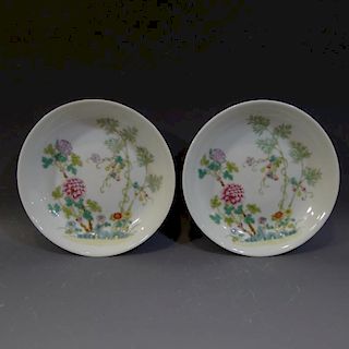 PAIR ANTIQUE CHINESE FAMILLE ROSE PORCELAIN DISHES - GUANGXU MARK & PERIOD