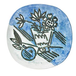 PABLO PICASSO; MADOURA Plate, "Bunch with Apple"