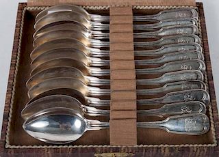 Twelve German silver teaspoons in fitted box
