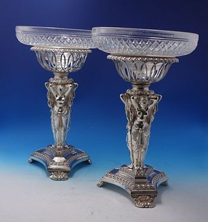 French Silverplate Cut Crystal Centerpiece Pair w/ Bowls Art Nouveau Women #5053
