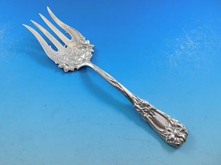 New Art by Durgin Sterling Silver Beef Fork with Narcissus Daffodils 6 3/4"
