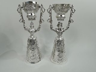 Antique Goblets Pair King Queen Marriage Wager Wedding Cups German 800 Silver