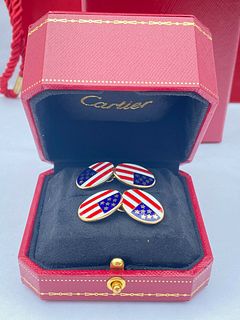 MAGNIFICENT CARTIER 18K ENAMELED GOLD US FLAG CUFFLINKS W BAG AND BOXES 