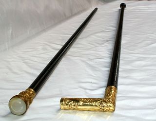 MAGNIFICENT 19C  2P GOLD PLATED WALKING CANES WITH JADE SIGNED  ""
