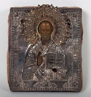 Russian St. Nicholas icon with silver riza