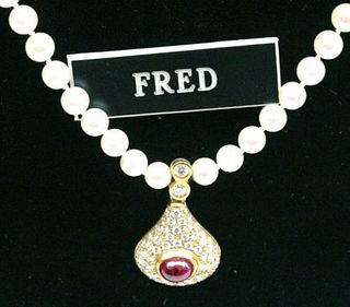 MAGNIFICENT FRED DIAMOND18 K GOLD RUBY PEARL NECKLACE  
