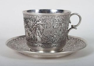 Chinese repousse silver cup & saucer