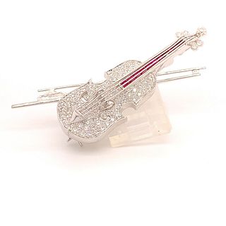 18k White Gold Genuine Natural Diamond and Ruby Violin Viola Brooch Pin 