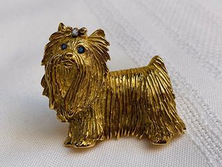 MAGNIFICENT FRENCH 18K YELLOW GOLD DIAMOND SAPPHIRE DOG BROOCH 'SIGNED'