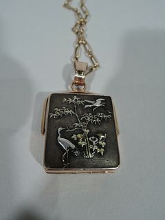 Antique Necklace - Meiji Crane & Lily Locket Pendant - Japanese Shakudo & Gold
