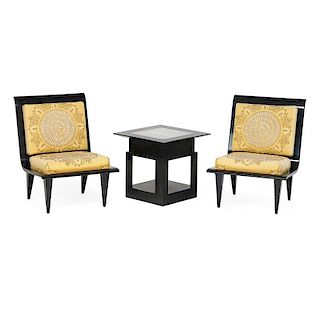 JAMES MONT Pair of lounge chairs, side table