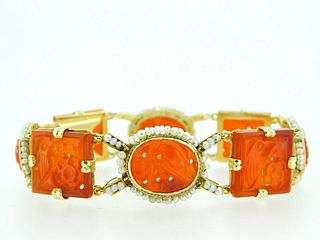 14k Yellow Gold Chinese Export Carved Carnelian Bracelet 