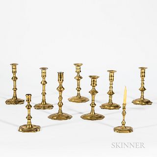 Nine 18th Century English Brass Candlesticks