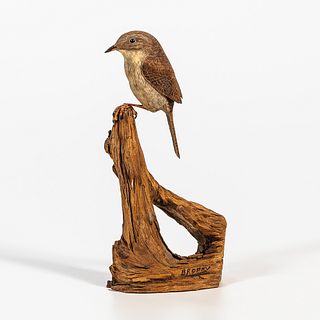 Carved and Painted House Wren on Driftwood Perch