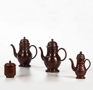 Four Engine Turned Refined Earthenware Coffee Serving Items