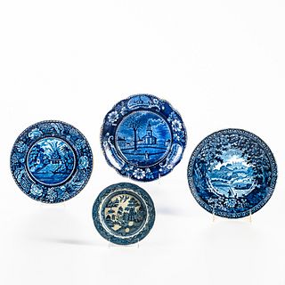 Three Staffordshire Transfer Decorated Historical Blue Plates and a Blue Willow Plate