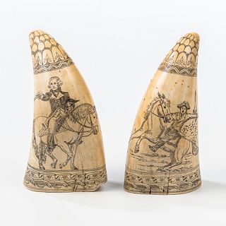Pair of Scrimshaw Decorated Whale's Teeth