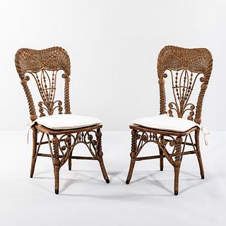 Pair of Fancy Wicker and Wooden Side Chairs