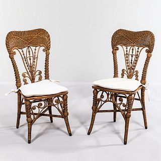 Pair of Fancy Wicker and Wooden Side Chairs