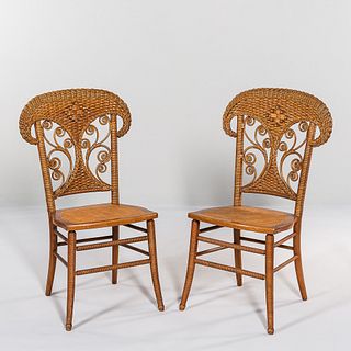 Pair of Wicker and Beech Side Chairs