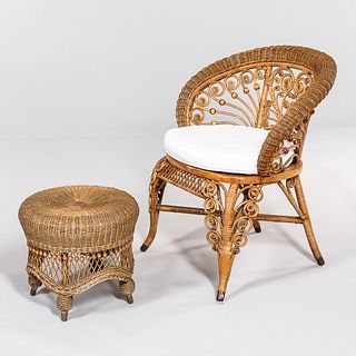 Wicker Rolled Armchair and Circular Ottoman