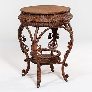 Small Wicker and Oak Occasional Table