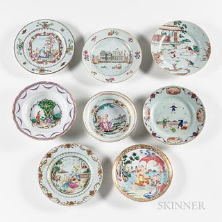 Eight Export Porcelain Figural and Scenic Plates