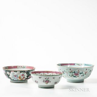Three Polychrome Decorated Export Porcelain Punch Bowls