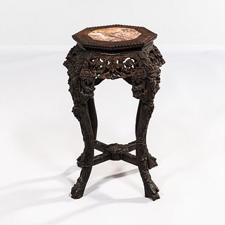 Chinese Teak and Marble Stand
