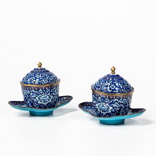 Pair of Peking Enamel Covered Jars and Undertrays