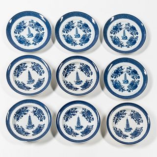 Five Blue and White Peking Tower Export Porcelain Plates and Four Mottahedeh Reproductions